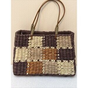 Woven Patchwork Straw Crossbody Bag in Brown & Tan
